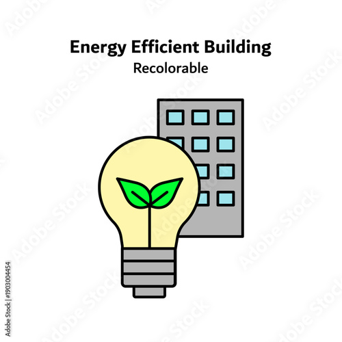 Flat vector icon illustrating an energy efficient building with eco friendly design elements, representing sustainable architecture, reduced energy consumption, and green building solutions for modern