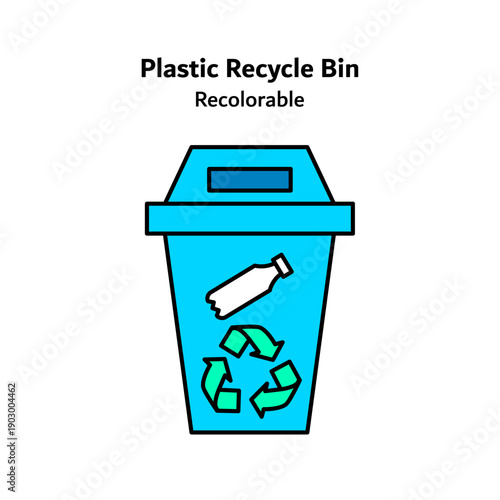 Flat vector icon illustrating a plastic recycle bin with recycling symbols, representing waste sorting, plastic recycling, and sustainable waste management for eco-friendly and smart city concepts.