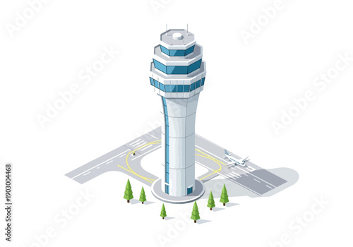 A 3D illustration of an airport control tower with trees surrounding the base, viewed from above, showcasing modern aviation infrastructure