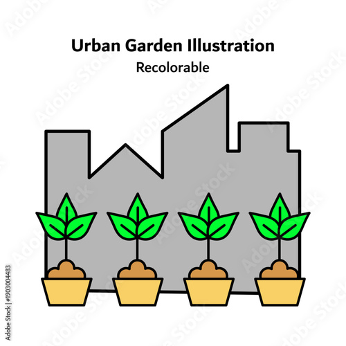 Flat vector illustration of an urban garden with plants growing in a city setting, representing sustainable living, urban agriculture, green spaces, and eco-friendly lifestyle concepts.