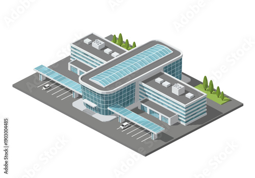 Isometric illustration of a modern office building with solar panels on the roof, surrounded by trees and a parking lot filled with cars.