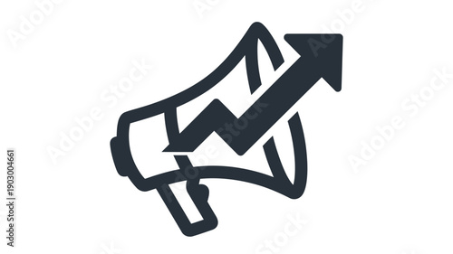 A black megaphone with an upward arrow symbolizing growth or announcement