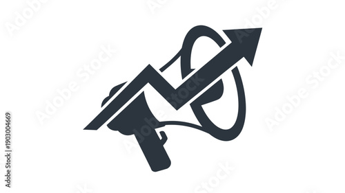 A black of a megaphone with a curved arrow pointing upwards communication
