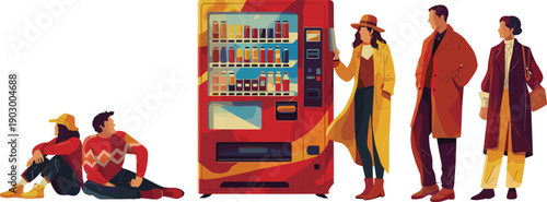 People standing and sitting near beverage vending machine choosing drinks modern urban lifestyle scene flat vector illustration design