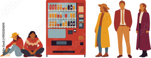 People standing and sitting near beverage vending machine choosing drinks urban lifestyle scene flat vector illustration modern public space design