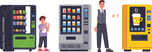 People buying snacks and coffee from vending machines modern self service food and beverage equipment vector illustration for public areas
