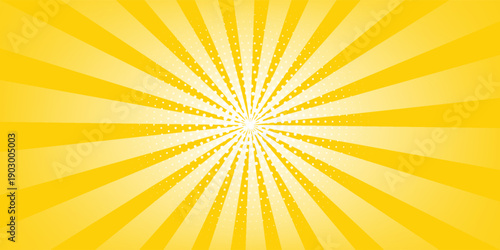 Yellow abstract background with light of sunburst. yellow starburst with halftone. sun ray retro background with flash