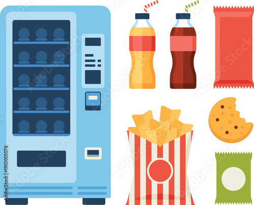 Snack vending machine with bottled drinks chips cookies and packaged food isolated automatic dispenser flat vector illustration for retail use