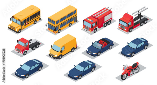 Isometric 3D illustration of various vehicles including cars, buses, trucks, and a motorcycle.