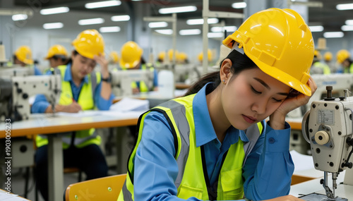 Exhaustion in the Factory: Amidst a busy factory setting, a fatigued worker struggles to stay alert, highlighting the realities of monotonous labor and the toll it takes on wellbeing.