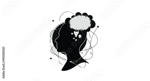 Silhouette of a head with abstract thoughts and ideas swirling around.