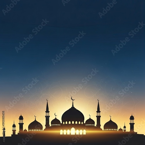 Ramadan Kareem illustration featuring a mosque at sunset with warm glowing light and a gradient sky
