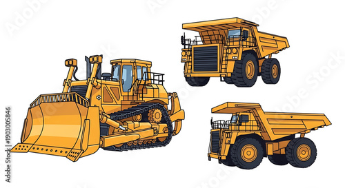 Heavy duty construction vehicles bulldozer and dump trucks industrial equipment yellow machines for mining and excavation projects earthmoving and transportation heavy industry