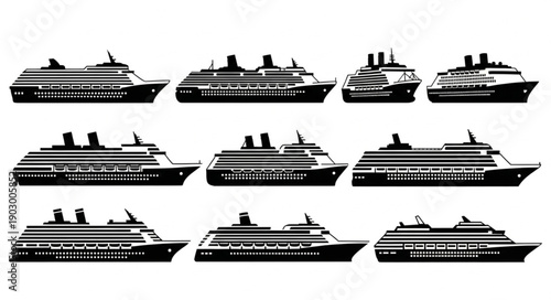 Collection of cruise ship illustrations in black and white.