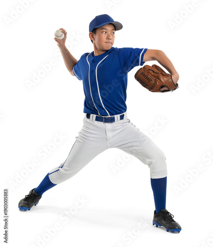 Teen Japanese boy baseball pitcher in throwing motion on isolated background