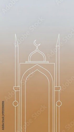 Stylish line art illustration of a mosque entrance with dome and minarets, featuring a crescent moon, representing Islamic architecture, culture, and spirituality on a gradient background