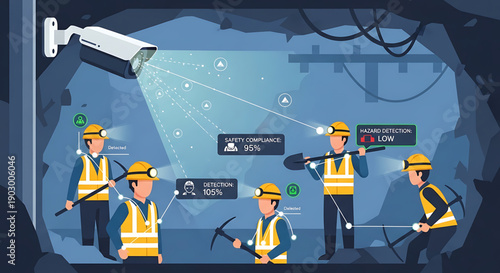 Mine workers in safety gear with security camera monitoring tunnel operations