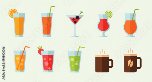 Collection of colorful refreshing drinks and hot beverages.