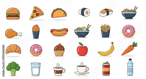 Collection of colorful pixel art food and drink icons.