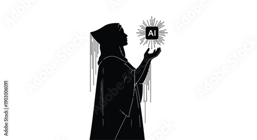 Mysterious figure in dark robe with AI technology radiating light, symbolizing innovation and knowledge.