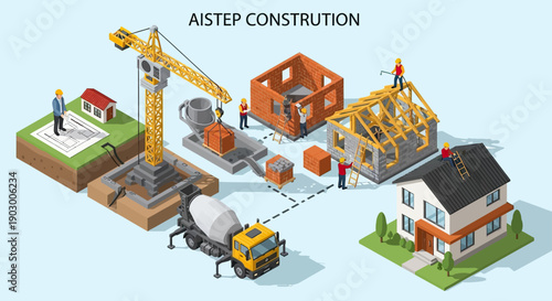 Isometric Construction Site with Workers and Equipment Building a House.