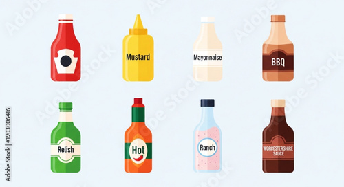 Collection of Condiment Bottles for Food.
