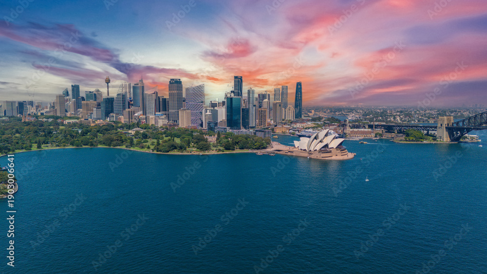 Obraz premium 5 February 2026 Aerial View of Sydney Harbour Circular Quay cruise Liner on a nice Summer day beautiful Sky in Sydney NSW Australia