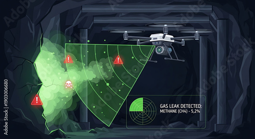 Drone detects gas leak in dark industrial setting with green hazard map and warning signs