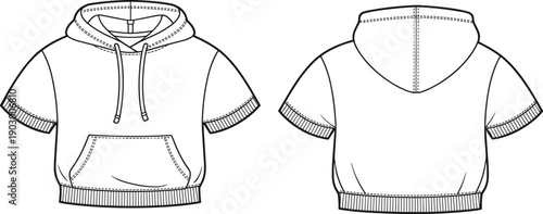 Short sleeve hoodie front back view, fashion illustration, apparel design, technical garment drawing, clothing sketch, casual wear