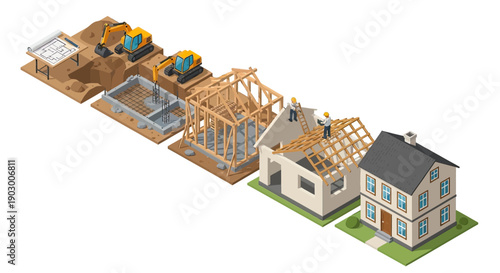 Isometric house construction stages from foundation to finished home.