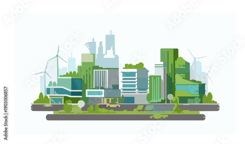 Sustainable smart city vector illustration with green architecture