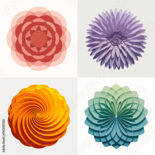 Colorful abstract geometric flower patterns in a 2x2 grid arrangement 1