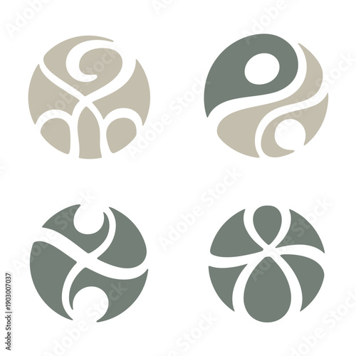 Four abstract circular in beige and teal with intertwined curves and shapes