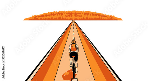 A lone cyclist embarks on an expansive journey down a vibrant orange road, heading towards a distant horizon framed by an autumnal forest.