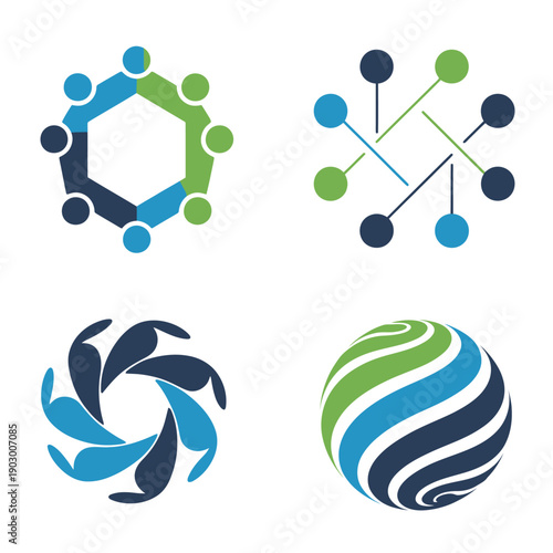 Four abstract corporate teamwork in blue green and black colors