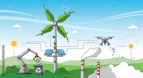 Sustainable energy sources compared to traditional pollution industrial technology and drone innovation