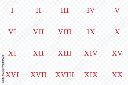 Roman numerals. Numbers from one to twenty. Typography set. Roman numeral vector set with antique Latin digits and vintage typography symbols. Roman numeral icon set with ancient numbers. eps 10