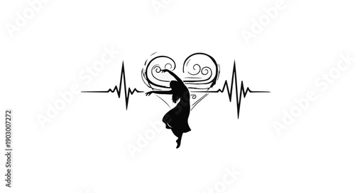 Silhouette of a dancer in a heart-shaped electrocardiogram, symbolizing passion for movement.