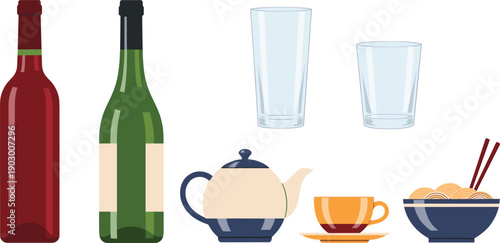 Flat Kitchenware and Beverage Items Set Isolated on White Background Vector Illustration