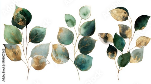 Elegant green eucalyptus leaves with gold accents