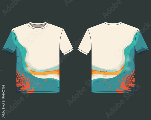 T-shirt design over black background, vector abstract grunge wave illustration
