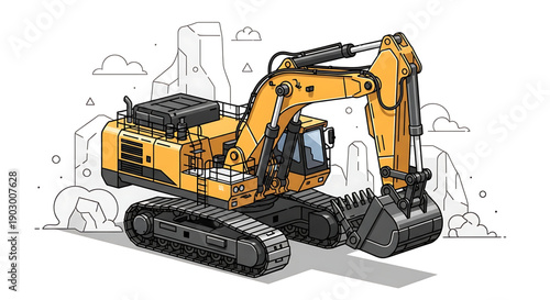 Heavy duty excavator machine with large bucket and tracks for construction and digging operations on a building site