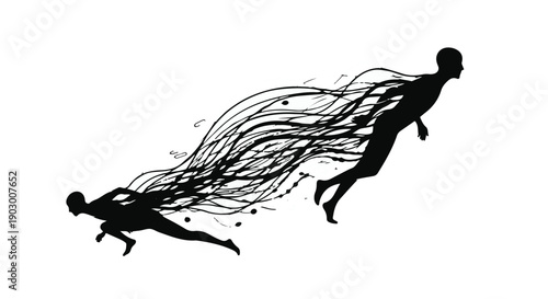 Silhouettes of two runners dissolving into abstract streaks of energy, symbolizing momentum and transition.