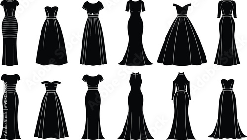 Fashion dress silhouette vector set, elegant evening gown collection for wedding or prom, formal female apparel icons isolated on white,