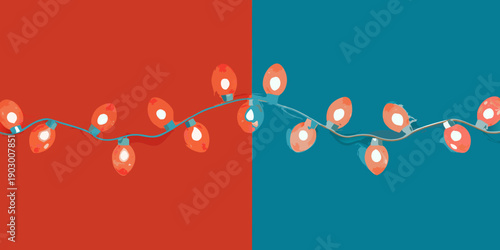 A string of illuminated christmas lights against a divided background