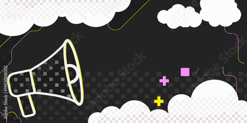 A white megaphone illustration against a black and white checkered background