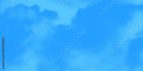 Halftone cloud background. White dotted clouds in blue sky. Comic pop art heaven wallpaper for banner, collage, poster, leaflet, brochure. Rasterized smoke, smog or fog texture. Vector illustration