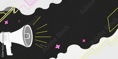 A white megaphone emitting sound waves against a textured black backdrop