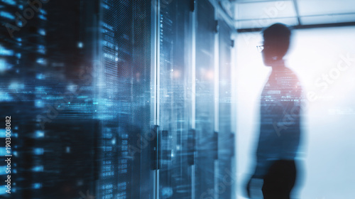 A data scientist stands inside a server room with futuristic digital overlays analyzing the information from rows of rack mounted servers.
