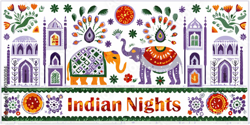 Colorful indian folk art depicting elephants peacocks and architectural elements